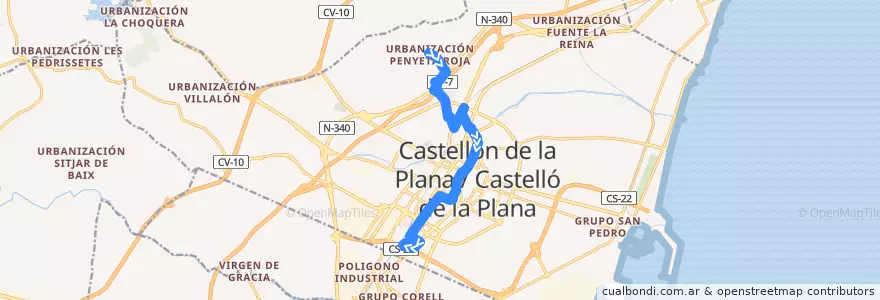 Mapa del recorrido L7 Montaña - Grupos de la línea  en Castelló de la Plana.
