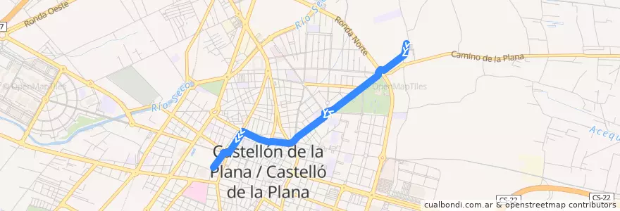 Mapa del recorrido L5 Basílica del lledó - Passeig Rivalta de la línea  en Castelló de la Plana.