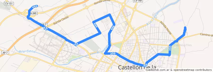 Mapa del recorrido L3 Hospital Magadalena-Basílica del Lledó de la línea  en Castelló de la Plana.