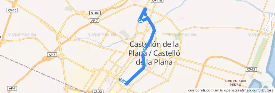 Mapa del recorrido L2 Polideportivo Ciutat de Castelló - Hospital General de la línea  en Castelló de la Plana.
