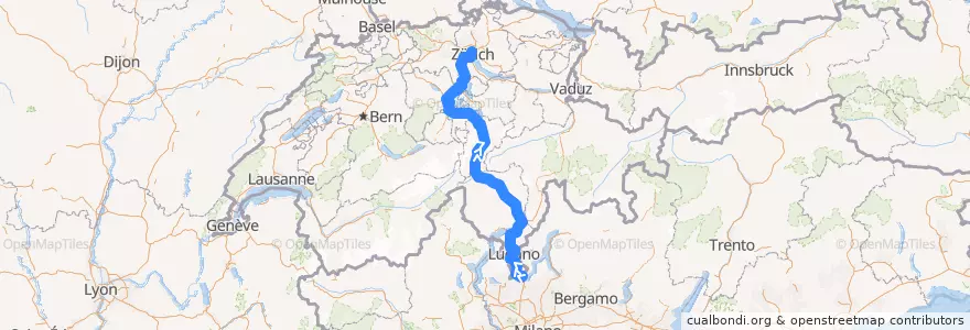 Mapa del recorrido Flixbus 470: Turin, Vittorio Emanuele => Zürich HB (Carpark Sihlquai) de la línea  en スイス.