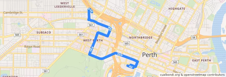 Mapa del recorrido Green CAT Leederville Station → Elizabeth Quay Bus Station de la línea  en City of Perth.