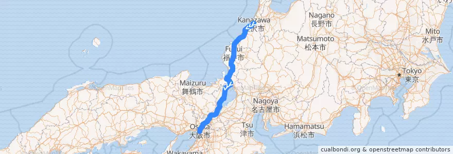 Mapa del recorrido サンダーバード: 金沢 -> 大阪 de la línea  en 일본.