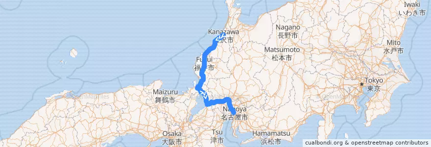 Mapa del recorrido しらさぎ: 金沢 -> 名古屋 de la línea  en Japón.