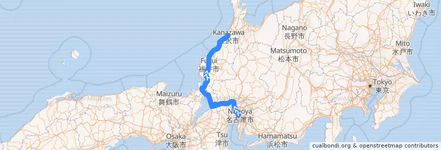 Mapa del recorrido しらさぎ: 名古屋 -> 金沢 de la línea  en Japón.