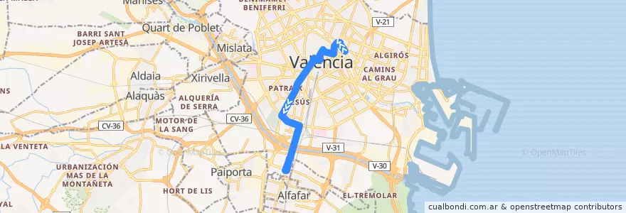 Mapa del recorrido Bus 9: Albereda => La Torre de la línea  en Comarca de València.