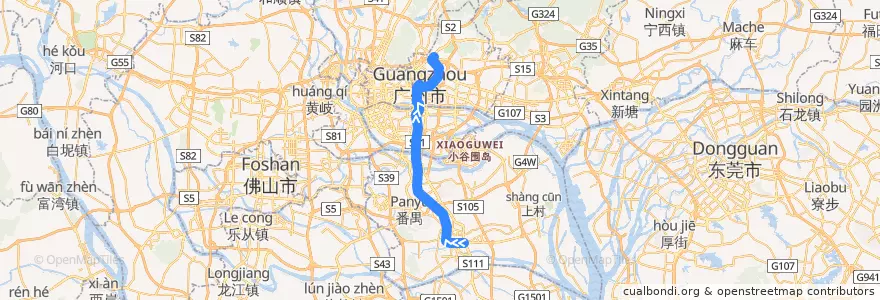 Mapa del recorrido 广州地铁3号线（番禺广场→天河客运站） de la línea  en Гуанчжоу.