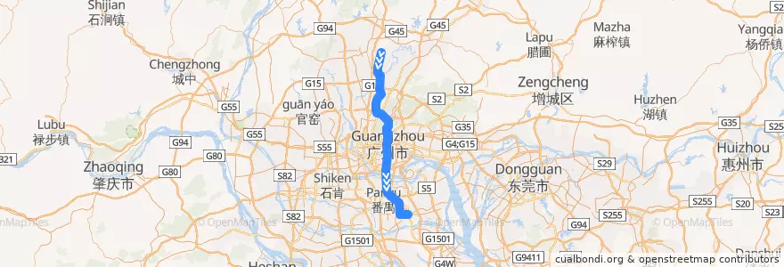 Mapa del recorrido 广州地铁3号线【机场北（2号航站楼）→番禺广场）】 de la línea  en Guangzhou.
