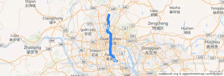 Mapa del recorrido 广州地铁3号线【番禺广场→机场北（2号航站楼）】 de la línea  en Guangzhou City.