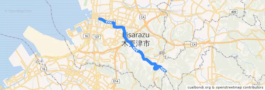 Mapa del recorrido 高倉線（上り） de la línea  en 木更津市.