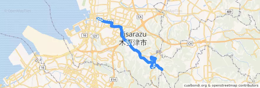 Mapa del recorrido 高倉線（下り・かずさ鎌足一丁目経由） de la línea  en 木更津市.