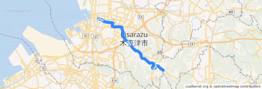Mapa del recorrido 高倉線（下り） de la línea  en 木更津市.