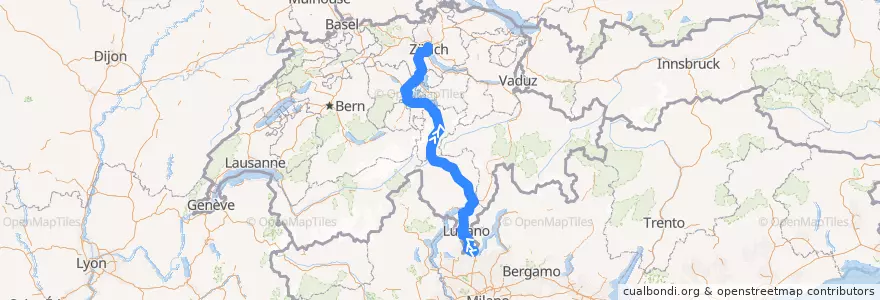 Mapa del recorrido Flixbus 506: Bologna, Autostazione => Zürich HB (Carpark Sihlquai) de la línea  en 스위스.