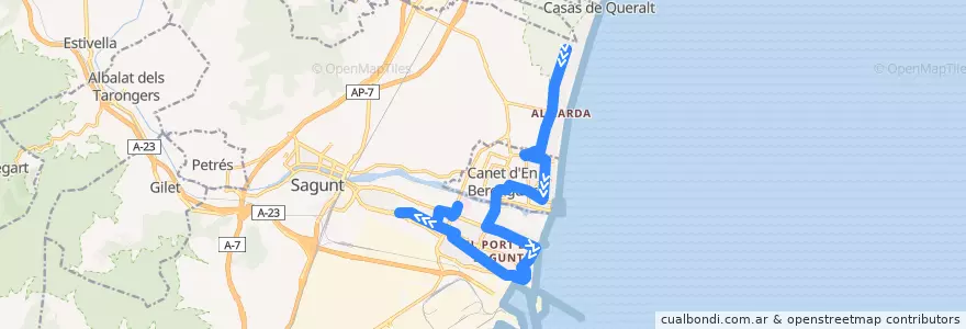 Mapa del recorrido Urbà Platja Canet - Plaja Corinto/Almarda - Port de Sagunt de la línea  en Sagunt / Sagunto.