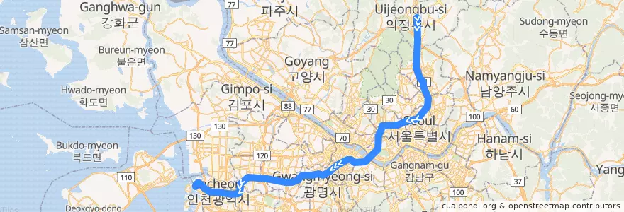 Mapa del recorrido 수도권 전철 1호선 경인·경원 계통: 의정부 → 인천 de la línea  en Corea del Sur.