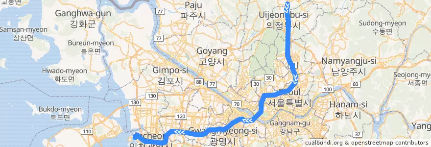 Mapa del recorrido 수도권 전철 1호선 경인·경원 계통: 양주 → 인천 de la línea  en Korea Selatan.