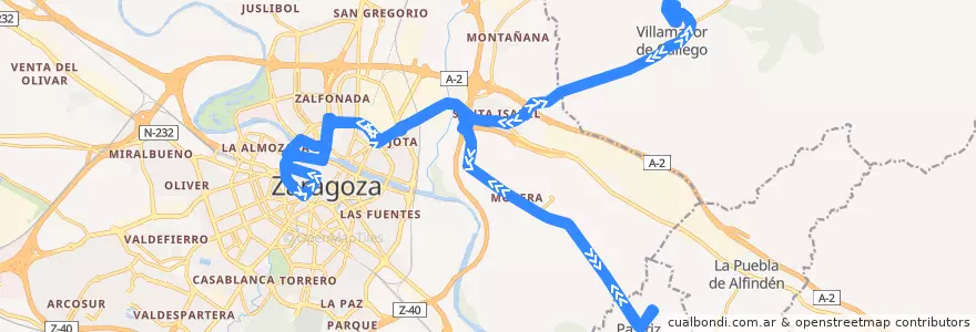 Mapa del recorrido Bus N21: Zaragoza - Movera - Pastriz - Villamayor de la línea  en Zaragoza.
