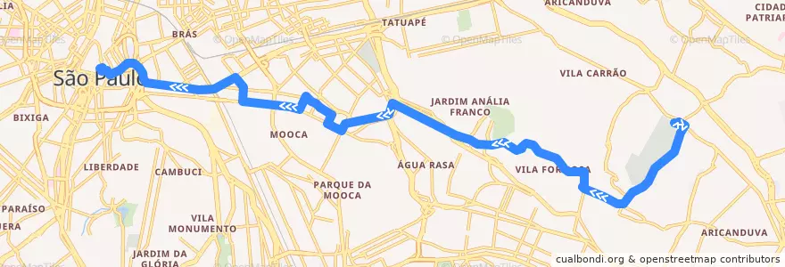 Mapa del recorrido 2100-10 Terminal Vila Carrão → Praça da Sé de la línea  en 聖保羅.