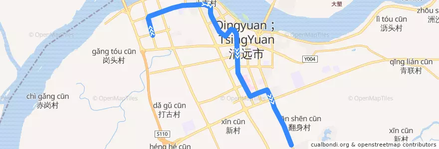 Mapa del recorrido 清远119路公交（茶博城→碧桂园山湖城） de la línea  en Zhouxin Street.