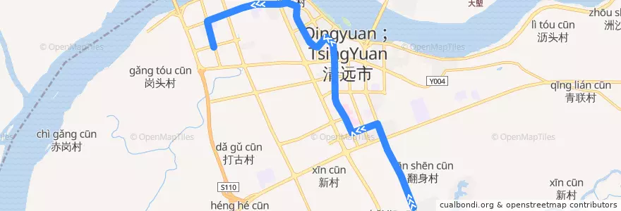Mapa del recorrido 清远119路公交（碧桂园山湖城→茶博城） de la línea  en Zhouxin Street.
