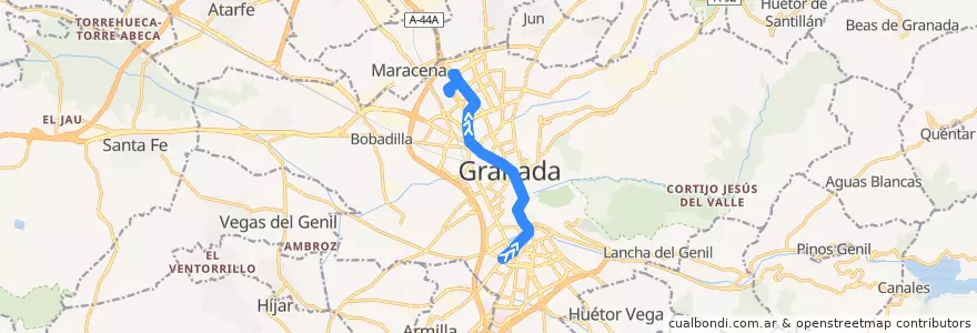 Mapa del recorrido Bus 21: Estación de Autobuses → Centro → Parque de las Ciencias de la línea  en Granada.