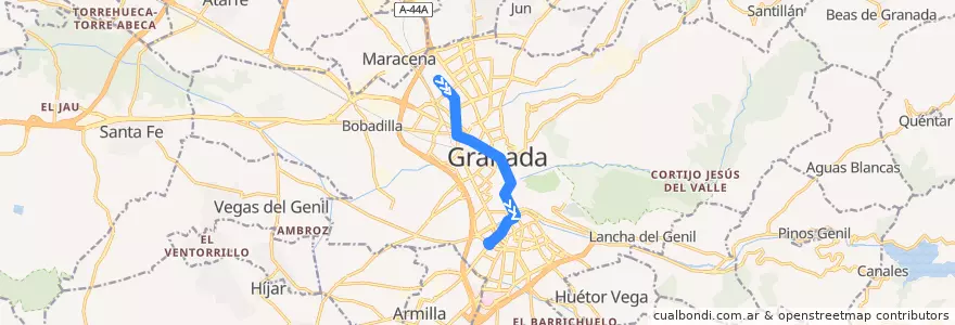 Mapa del recorrido Bus 21: Parque de las Ciencias → Centro → Estación de Autobuses de la línea  en Granada.
