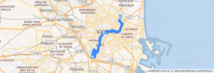 Mapa del recorrido Bus 10: Sant Marcel·lí => Benimaclet de la línea  en Comarca de València.