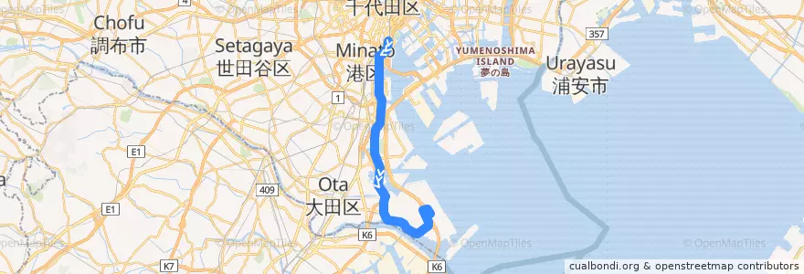 Mapa del recorrido 東京モノレール - 空港快速 (モノレール浜松町 -> 羽田空港第) de la línea  en 도쿄도.