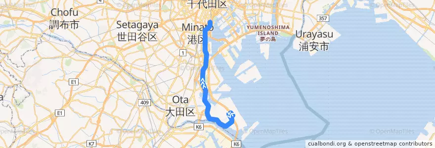 Mapa del recorrido 東京モノレール - 空港快速（羽田空港 - >モノレール浜松町） de la línea  en 東京都.