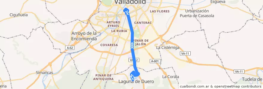 Mapa del recorrido Laguna de Duero ==> Valladolid de la línea  en Valladolid.