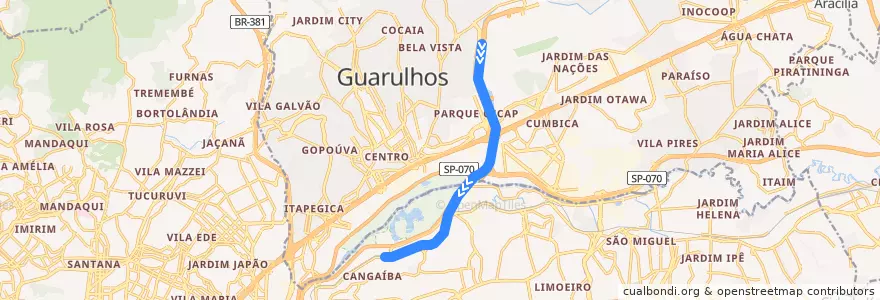 Mapa del recorrido Linha 13 - Jade - Expresso Aeroporto: Aeroporto-Guarulhos ⇒ Luz de la línea  en Região Metropolitana de São Paulo.