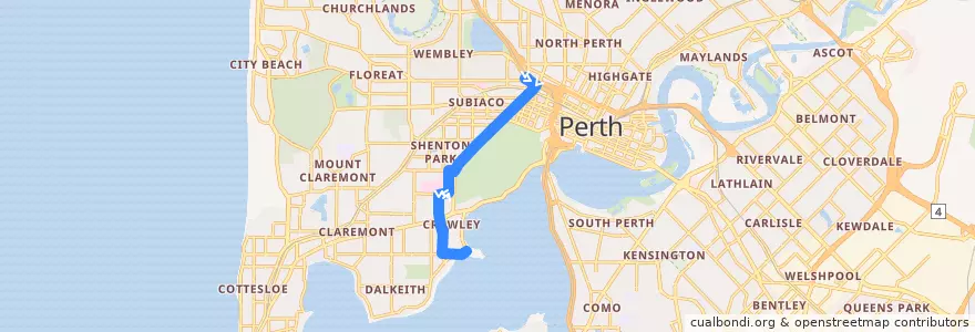 Mapa del recorrido 96F Leederville Station → UWA de la línea  en Austrália Ocidental.
