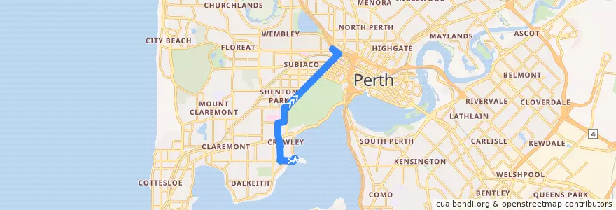 Mapa del recorrido 96T UWA → Leederville Station de la línea  en Australia Occidentale.