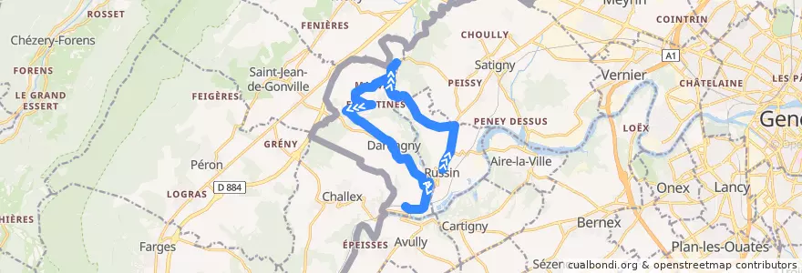 Mapa del recorrido Bus 74: Russin-Village → La Plaine-Gare de la línea  en 日內瓦.