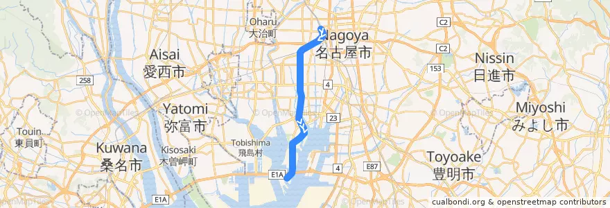 Mapa del recorrido あおなみ線 de la línea  en 나고야 시.