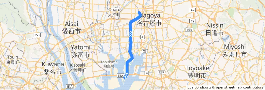 Mapa del recorrido 名古屋臨海高速鉄道 名古屋 - 金城ふ頭 de la línea  en 名古屋市.