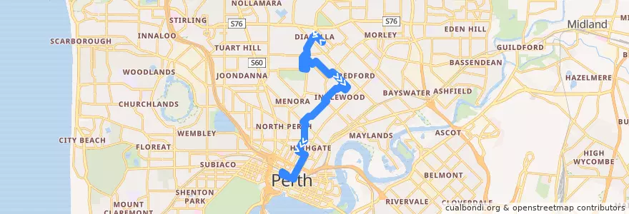 Mapa del recorrido 16T Dianella Library → Perth Busport de la línea  en Westaustralien.