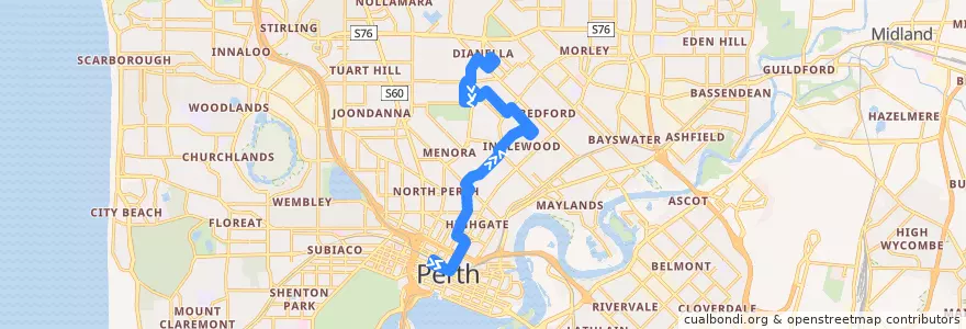 Mapa del recorrido 16F Perth Busport → Dianella Library de la línea  en Australia Occidentale.
