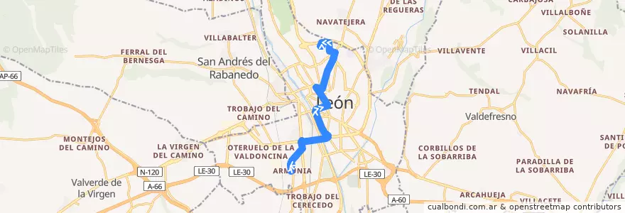 Mapa del recorrido Bus 1: Armunia → Hospitales de la línea  en León.