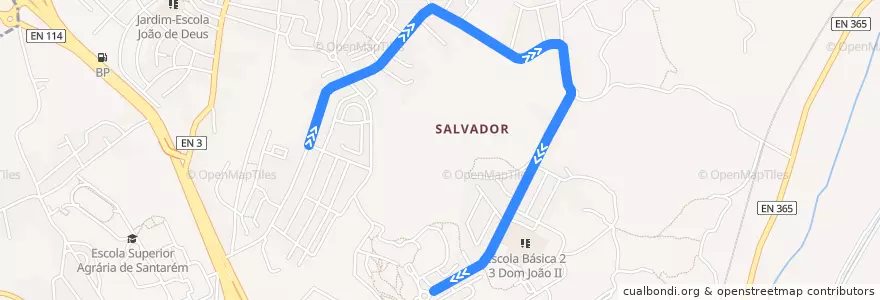 Mapa del recorrido 1-2 de la línea  en Marvila, Santa Iria da Ribeira de Santarém, São Salvador e São Nicolau.