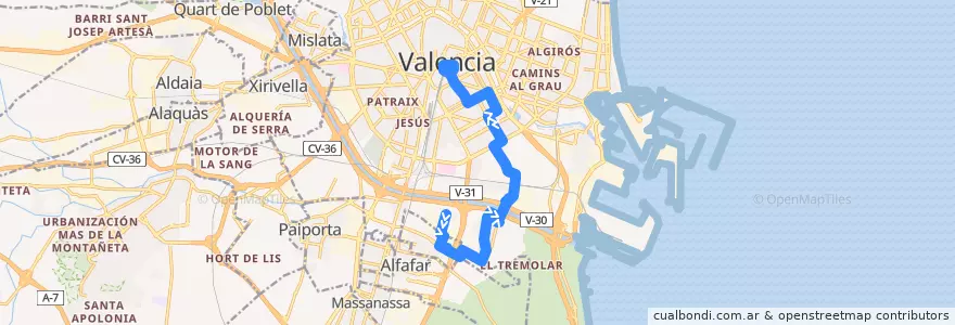 Mapa del recorrido Bus 14: Forn d'Alcedo => Pl. de l'Ajuntament de la línea  en Comarca de València.