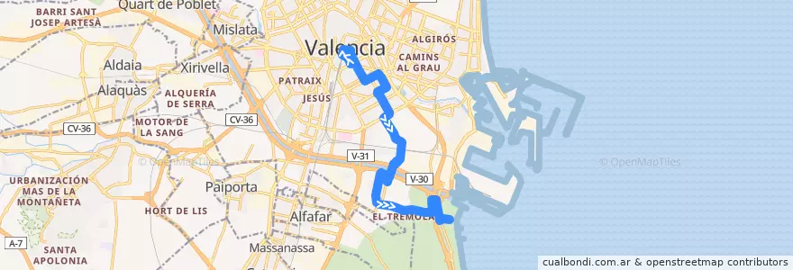 Mapa del recorrido Bus 14: Pl. de l'Ajuntament => Pinedo de la línea  en Comarca de València.