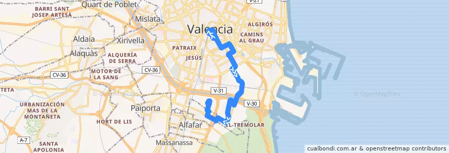 Mapa del recorrido Bus 14: Pl. de l'Ajuntament => Forn d'Alcedo de la línea  en Comarca de València.