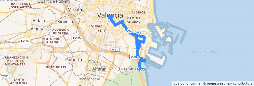 Mapa del recorrido Bus 15: Pinedo => Pl. de l'Ajuntament de la línea  en Comarca de València.
