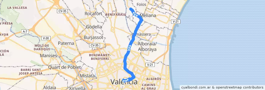 Mapa del recorrido Bus 16: Pl. de l'Ajuntament => Vinalesa de la línea  en Comarca de València.