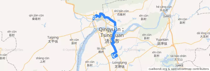 Mapa del recorrido 清远303路公交（城北客运站→高新区医院） de la línea  en Qingcheng District.