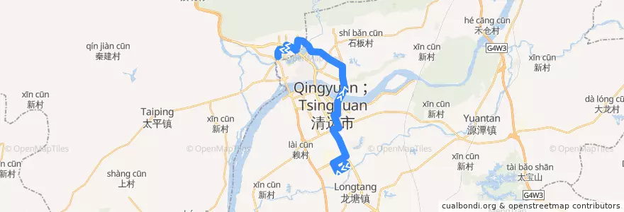 Mapa del recorrido 清远303路公交（高新区医院→城北客运站） de la línea  en 清城区 (Qingcheng).