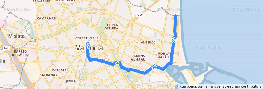 Mapa del recorrido Bus 19: Pl. de l'Ajuntament => la Marina/la Malva-rosa de la línea  en Comarca de València.