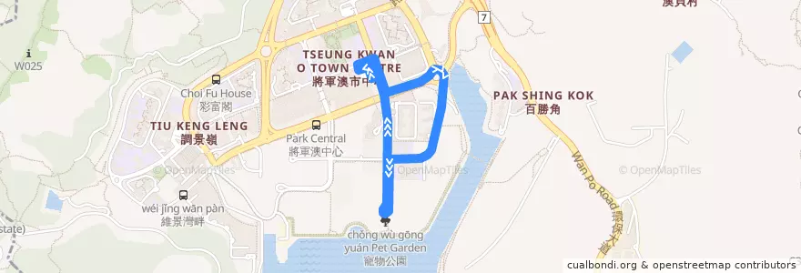 Mapa del recorrido 新界專綫小巴114A線 New Territories GMB Route No. 114A (將軍澳站公共運輸交匯處 Tseung Kwan O Station Public Transport Interchange ↺ 海天晉 Ocean Wings) de la línea  en 西貢區.
