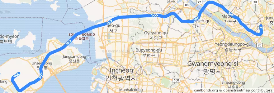 Mapa del recorrido 인천국제공항철도: 인천공항2터미널 → 서울역 de la línea  en كوريا الجنوبية.